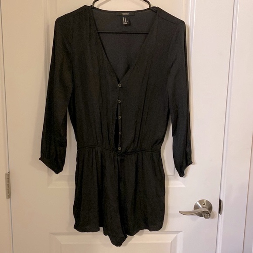 Forever 21 Black Long Sleeve Button-Down V-Neck Romper